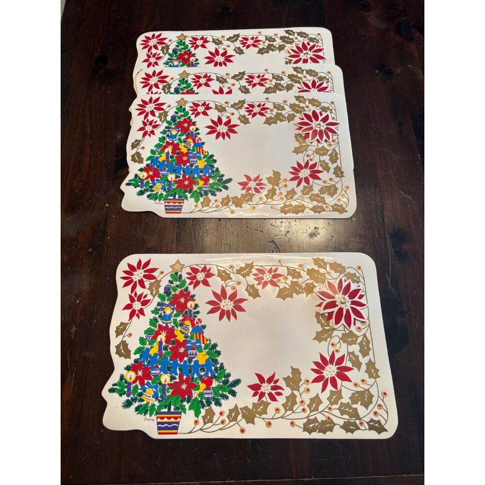 4 Vintage Vinyl Christmas Placemats Tree Glitter Spinning Poinsettia